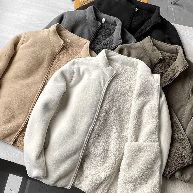Winter wool jacket solid color Sherpa casual jacket thick warm stand collar zipper outdoor windproof jacket soft and comfortable 241008