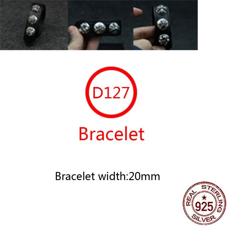 D127 S925 Sterling Silver Cowhide Bracelet Hip Hop Street Fashion Couple Jewelry Punk Style Solid Cross Flower Star Boat Anchor Cross Flower Lett