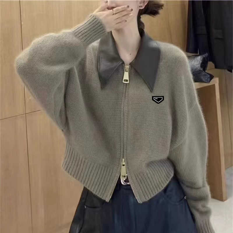Women's Sweaters designer Coat splicing leather collar zipper 2024 short fashion socialite spring and autumn sweater cardigan woman