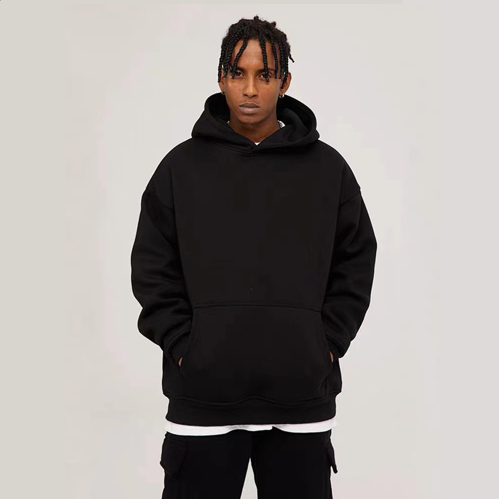 550g autumn and winter looped solid color hooded sweatshirt for men 2024 loose medium long style with fleece shoulder down pure cotton top 240822