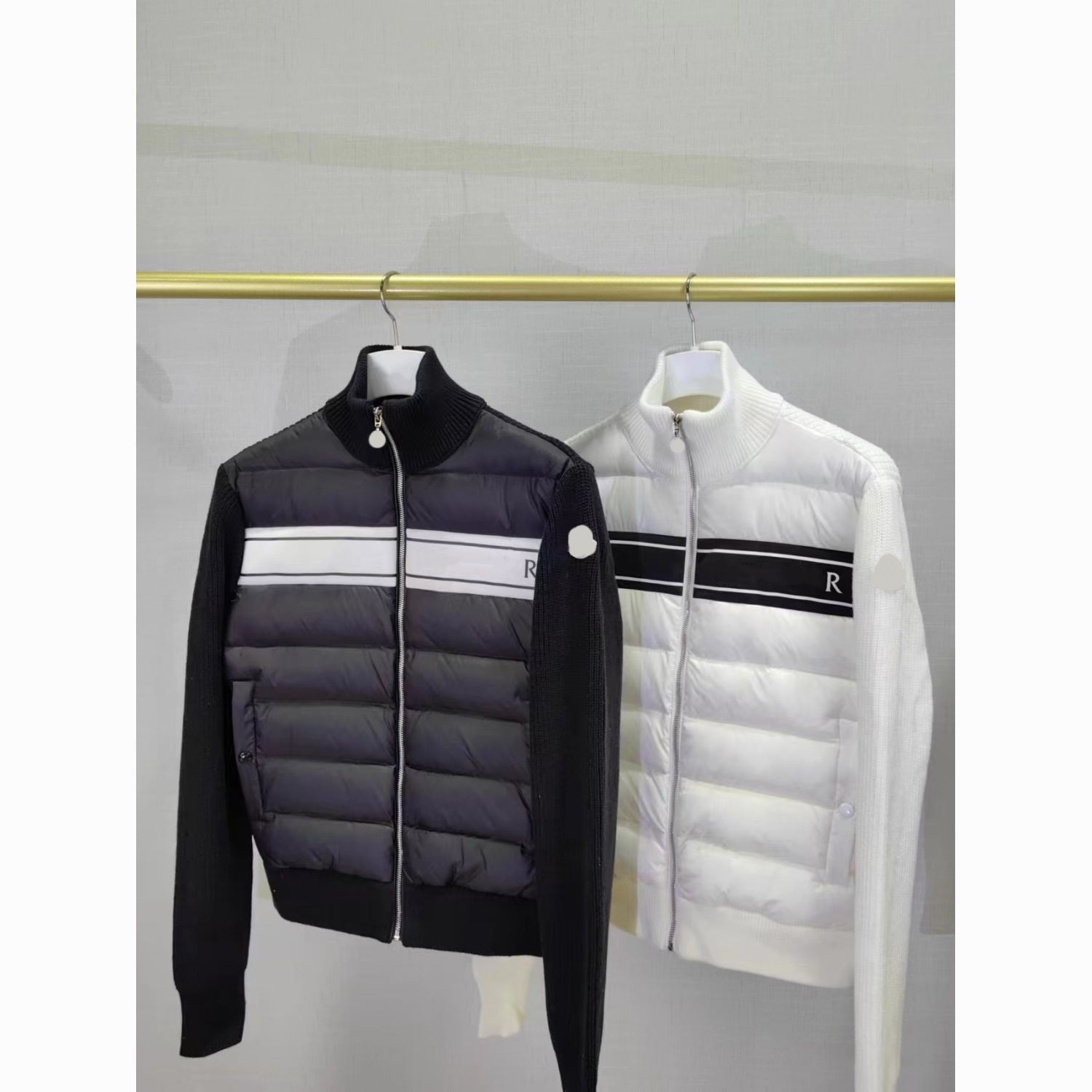Men winter stand collar knitted long sleeve patched logo letter print designer white duck down coats fashion jackets parkas MLXLXXL