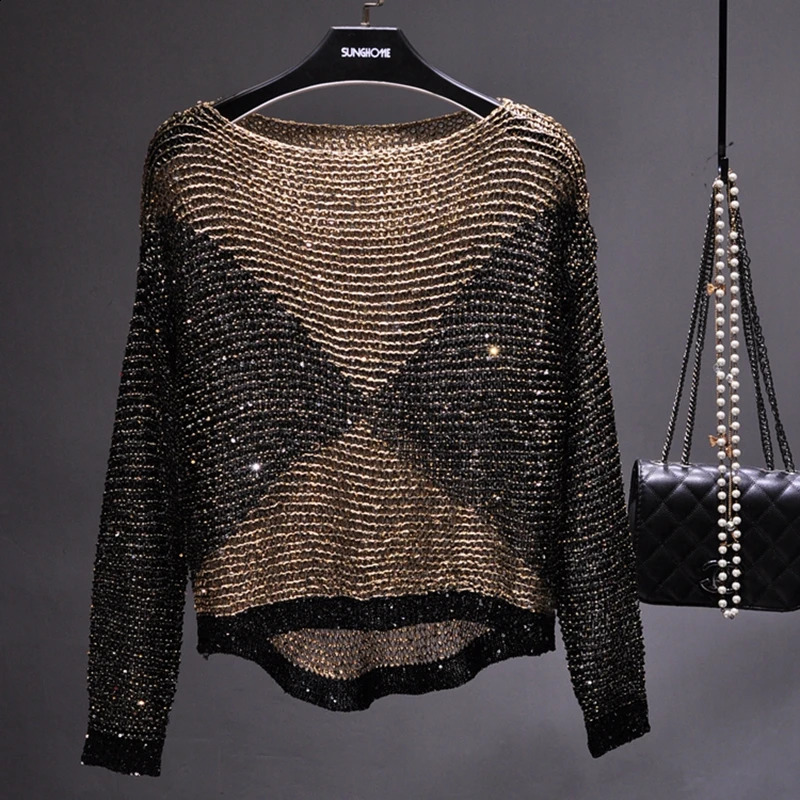 Europe and the United States have hollow sequins loose knit headlights silk long sleeved round neck thin dresses 241017