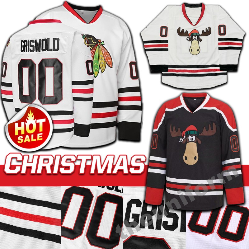 Mens #00 Clark Griswold X-Mas Christmas Vacation Stitched Movie Hockey Jersey White Black Size S-3XL