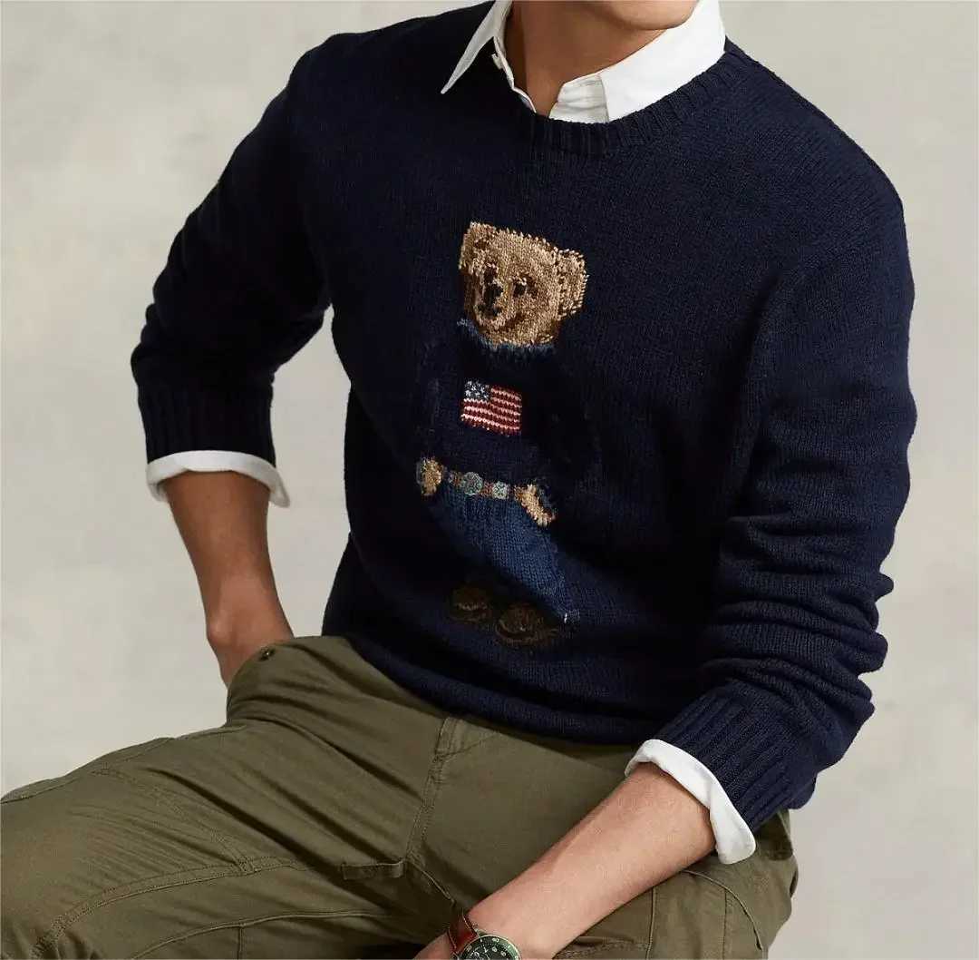 Men's Sweaters Autumn/Winter New Classic Embroidery National Flag Bear Cub Round Neck Casual Social Pattern Knitted Top Pony T241016