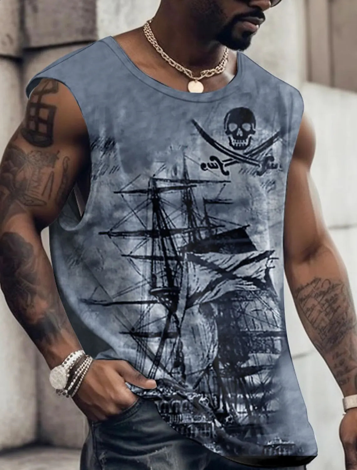 Mens bottom shirt pattern boat Rudder O-neck 3D outdoor sleeveless printed sportswear casual large and high tank top 241017