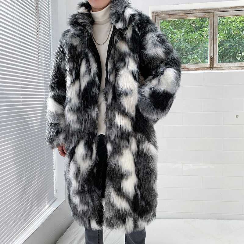 High quality winter fashionable fur coat mens outdoor street casual winter warm thick long artificial fur leather jacket W241017