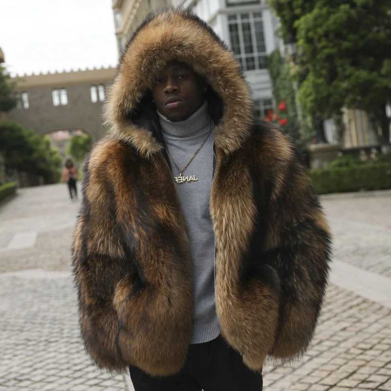 Janefur Mens Hiver Raccoon Coat Cold Collier Témard chaud avec un chapeau de fourrure Real Ratcoon Fur Coat Luxury and Fashion W241009