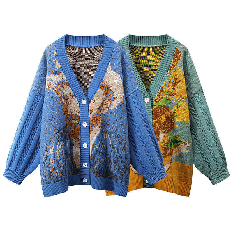 Womens Sweaters Retro Cardigan V-neck Coat Van Gogh Art Brilliant And Paranoid Autumn Lazy Design Sense Of Niche Sweater Woman Y241018-image-993428406