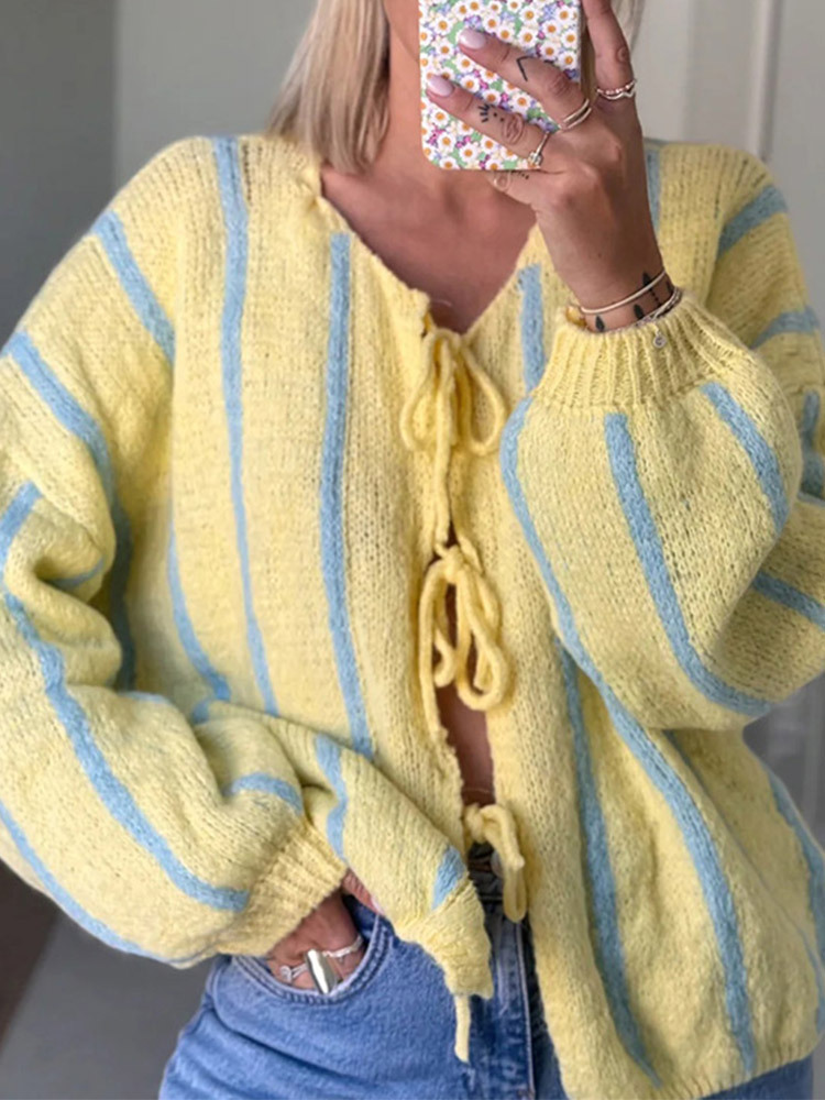 Pulls pour femmes Pull en tricot à rayures contrastées à rayures décontractées à manches longues Pull à rayures en tricot ample Y2K Hajakuju Auto