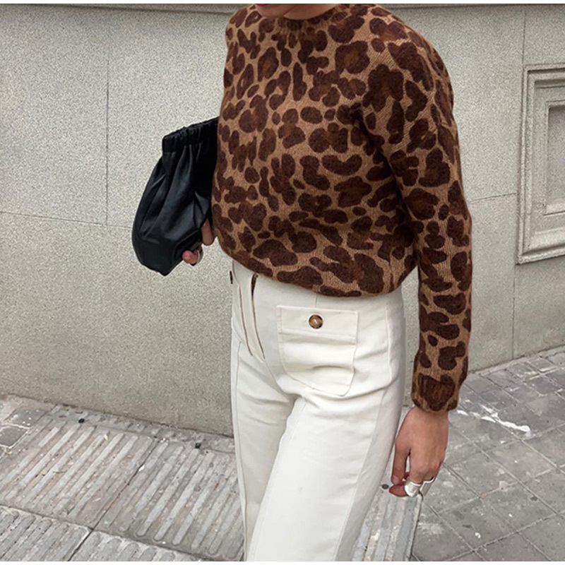 Women's Sweaters Round Neck Leopard Knitted Sweater Animal Winter Thick Female Pullovers Casual Tops Sweater
