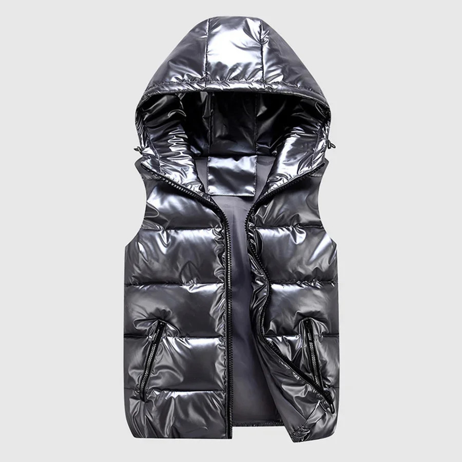 Men Winter Hooded Padded Vest Glossy Sleeveless Jacket Casual Outwear Thicken Warm Coat Waterproof Waistcoat Clothing 4XL 241017