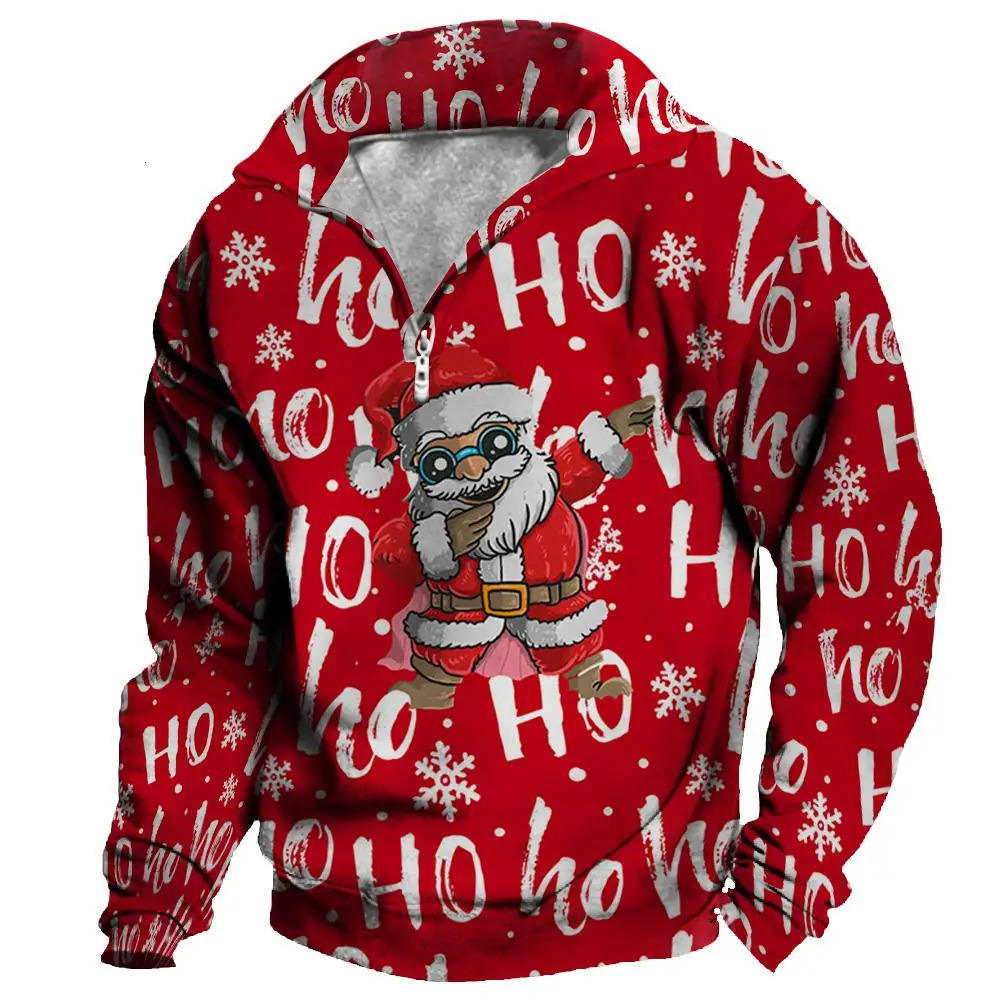 Santa Claus Mens Zipper Sweater 3D Veste imprimée Y2K Top Hoodie automne Hiver Casual Holiday Hair Long Hair Matel