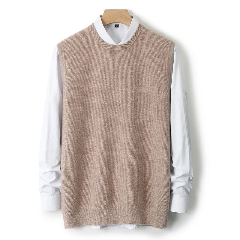 2024 autumn and winter 100 pure wool round neck solid color mens pullover loose Korean vest knitted bottoming shirt 241017