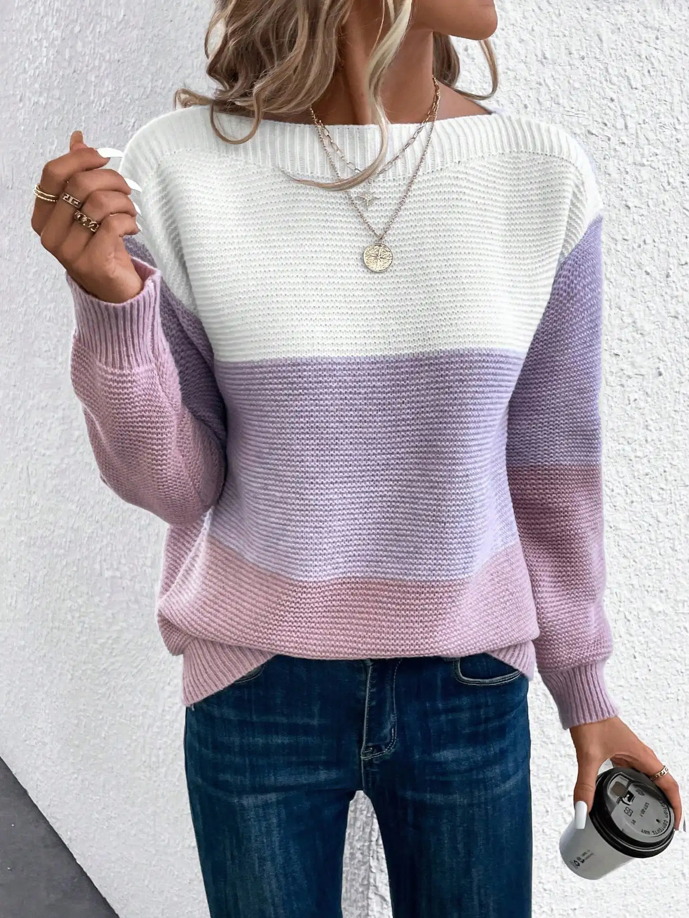 Elegant tricolor patch work sweater for womens daily commuting casual loose jumping womens autumn and winter knitted thick warm top 241017
