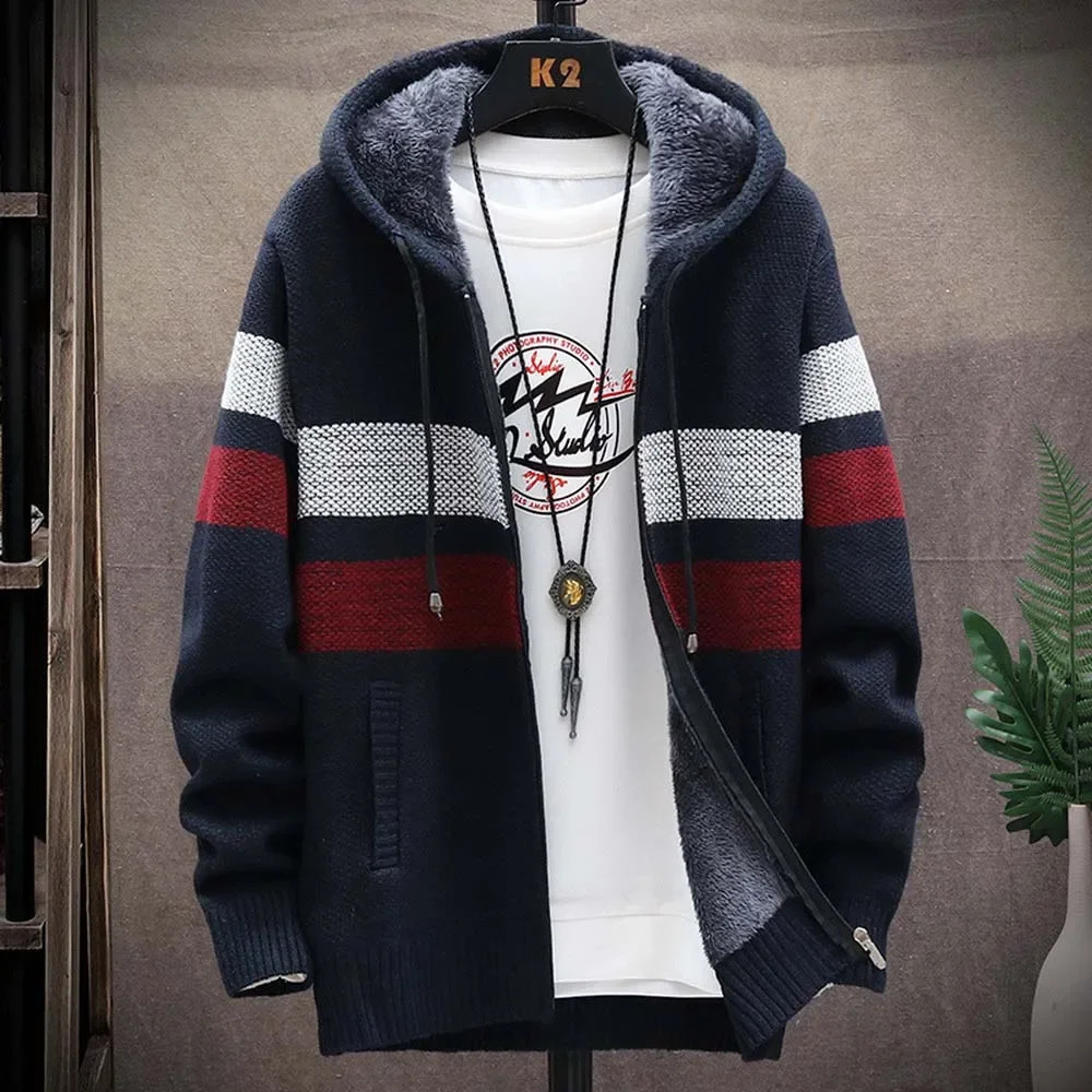 Veste de pull pour hommes à rayures personnalisés en laine épaisse en laine chaude en laine de cardigan à capuche à manches longues en tricot à m