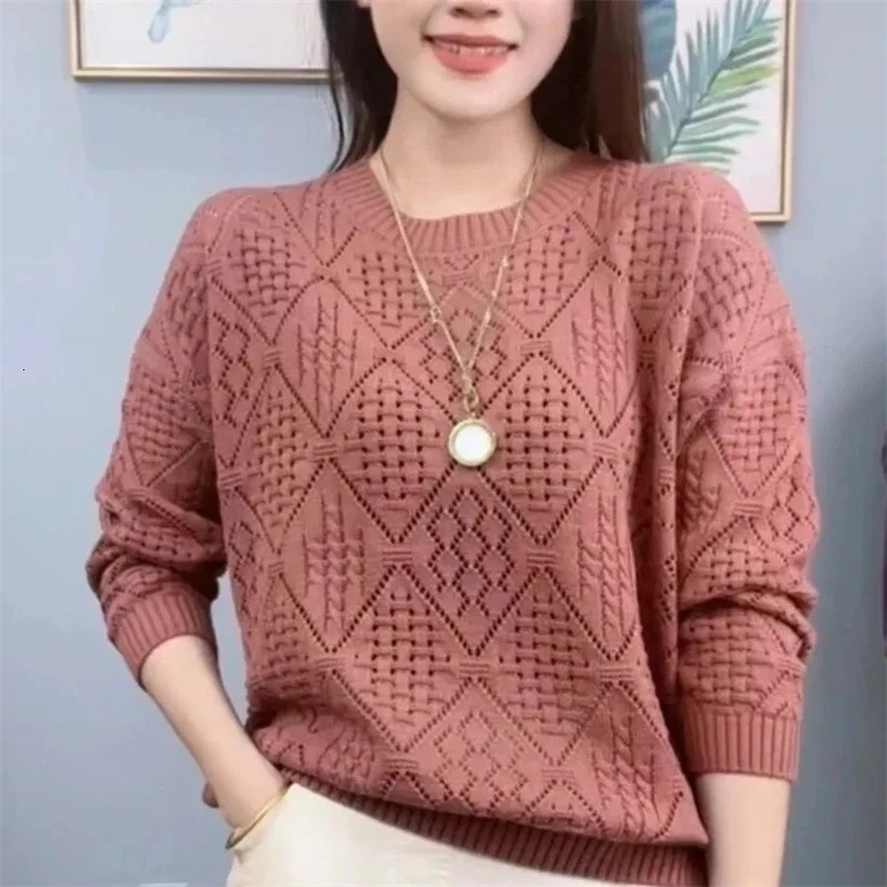 Spring and Autumn Womens 2024 Loose Knitted Hollow Womens Pullover Sweater Korean Edition Sleeping Top Womens Parachute 241018