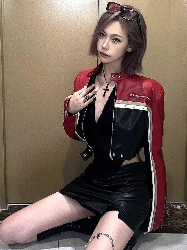 American Fashion Coats Stand Neck Zipper Patchwork Contrast Color Crop Tops PU Leather Spring Autumn Womens Ultra Thin Womens Jacket 241018
