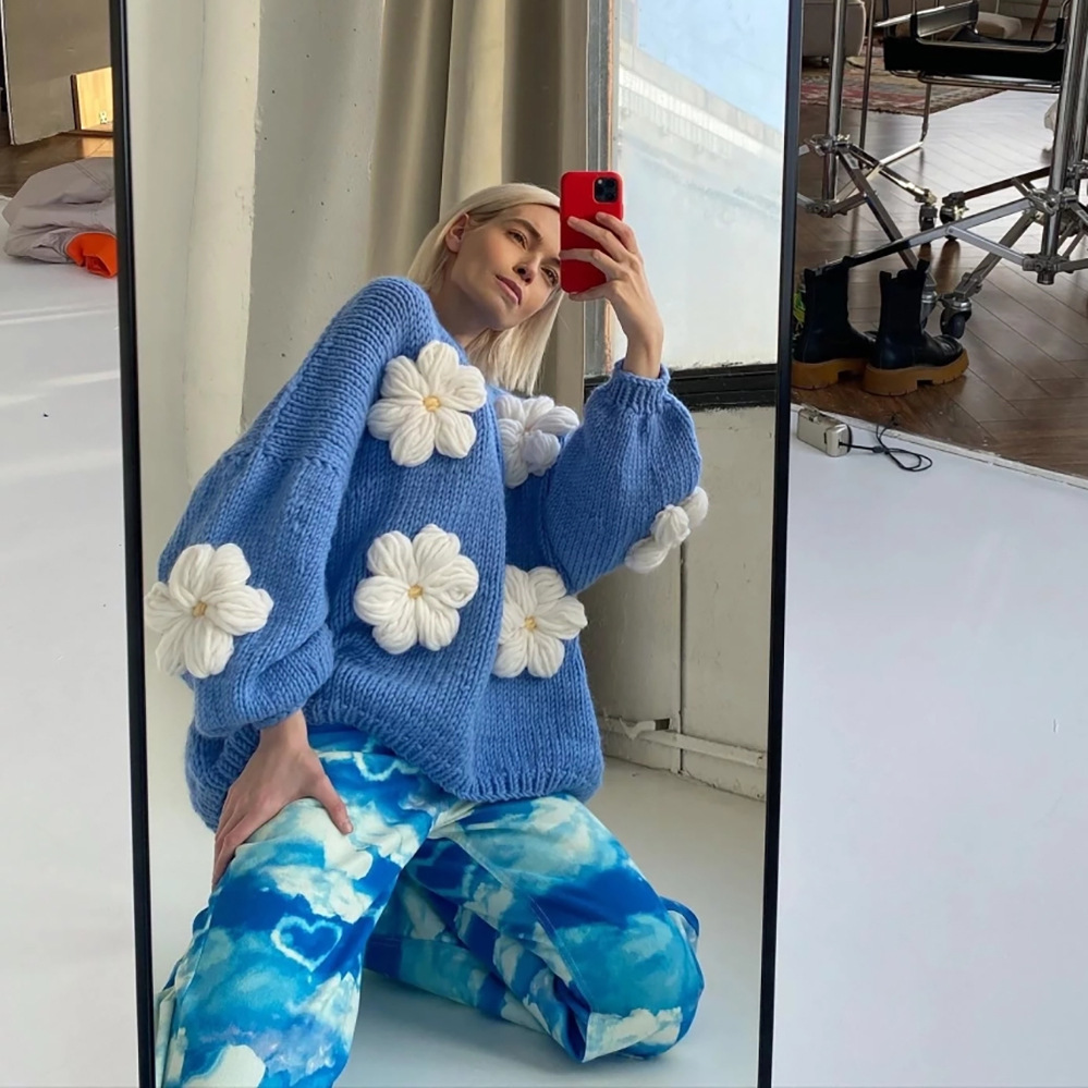 Tricots féminins harajuku y2k 3d pull de fleur manteau streetwear tricots surdimensionnés veste d'hiver
