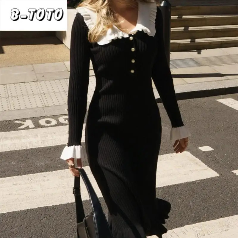 B-TOTO Womens High Waist Ruffle Dress Knitted Ultra Thin Womens Retro Dress Retro Elegant French Dress Spring 2024 241017