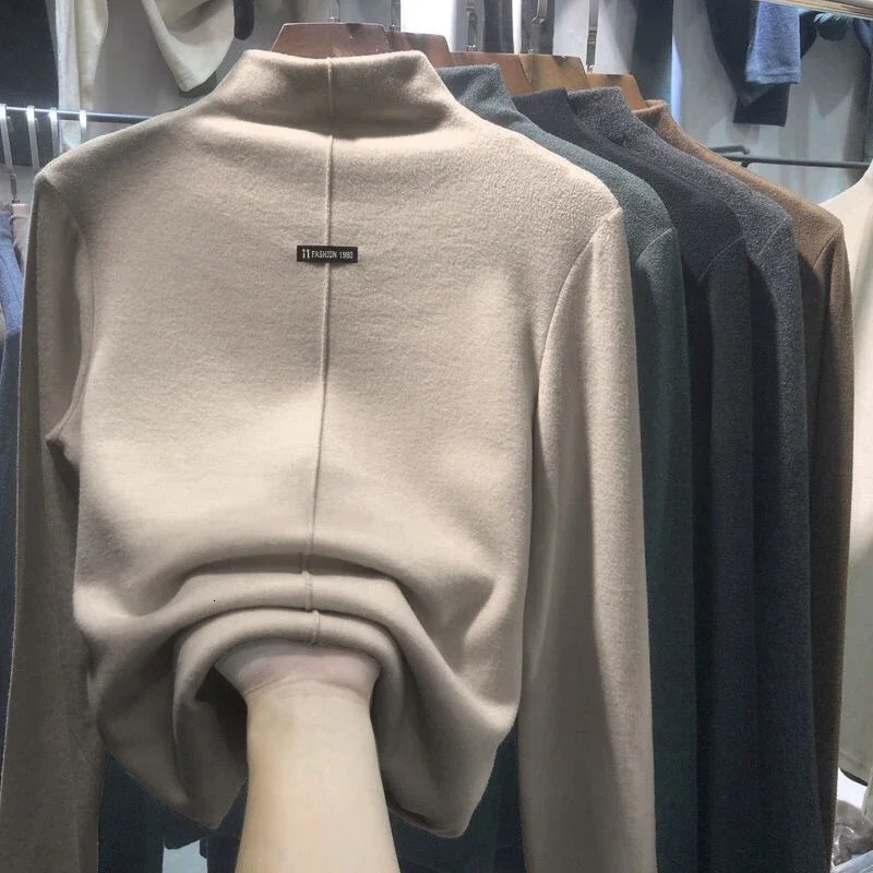 Harajuku half ponytail collar casual slim fit wool thick bottom T-shirt winter velvet long sleeved solid T-shirt womens y2k top 241018