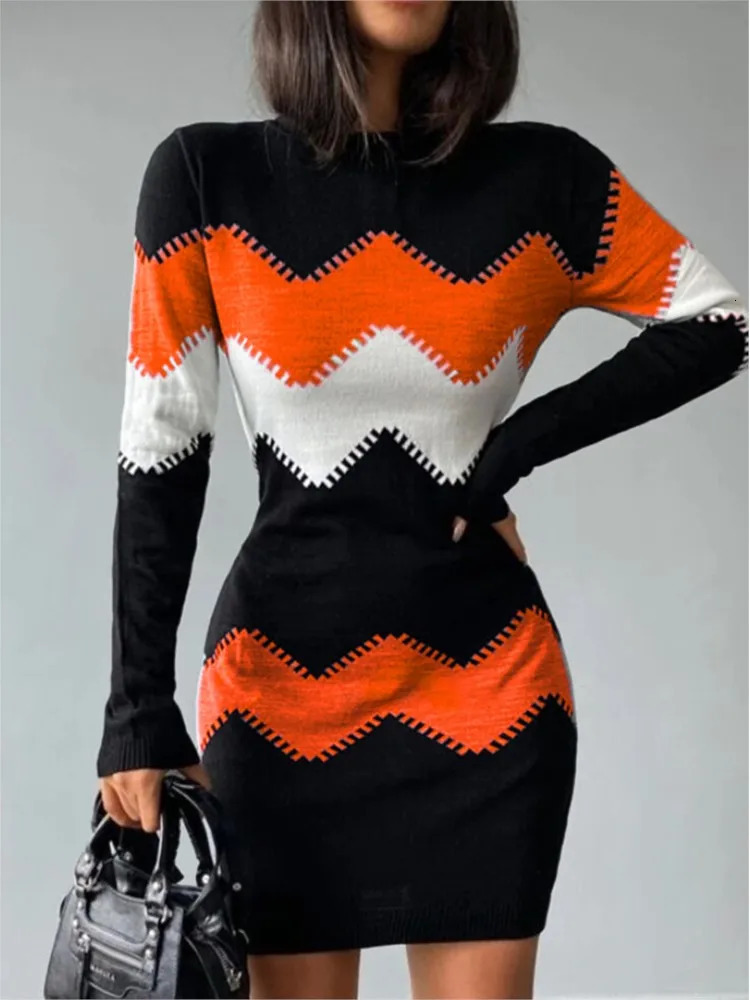 2024 Automne Fashion Fashion imprimé ultra mince Robe en tricot mince Femme à manches longues Bags de corps Elegant Body Hips Robe 4xl 241017