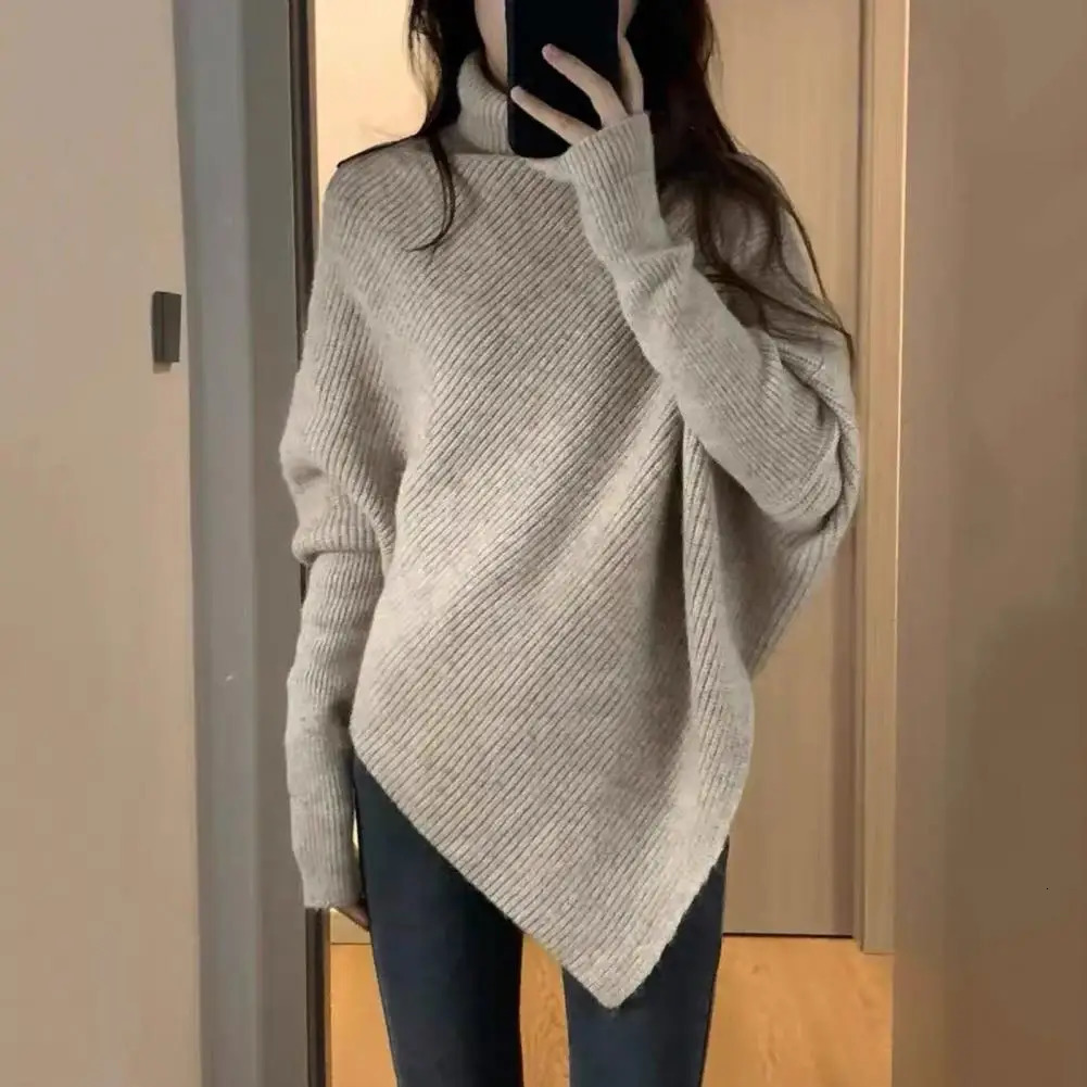 La mode des bagages pour femmes pull à col roulé attire le pull surdimensionné en tricot épais de couleur unie française 241017