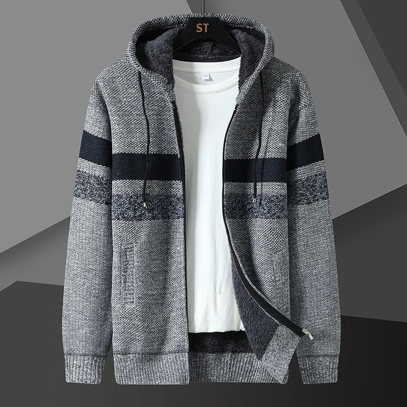 Winter wool striped cardigan wool mens thick knitted hooded sweater mens long sleeved casual knitted sweater jacket 241017