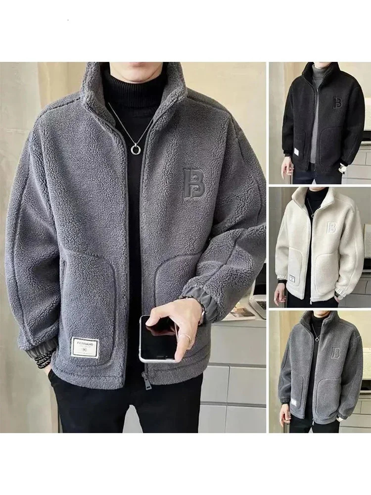 Casual jacket mens street style large pocket zipper stand up collar loose warm jacket mens spring and autumn fashion solid long sleeved jacket 24