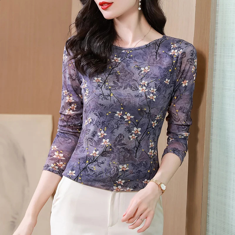 #8478 Spring Summer Floral Printed T Shirt Women Thin Tight Vintage Long Sleeve Tshirt Sexy Retro Womens Tee Shirt Quick-dry 241019