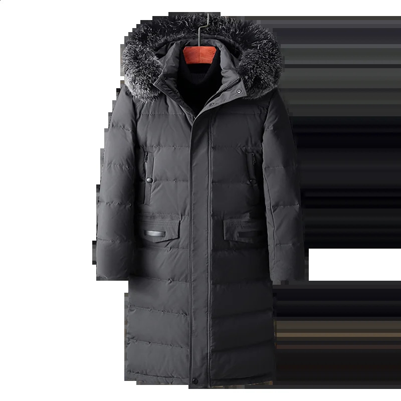 Mens Warm Long Hooded White Duck Down Jacket Winter Jacket Windproof Thick Solid Fur Collar Buffer Jacket 241019