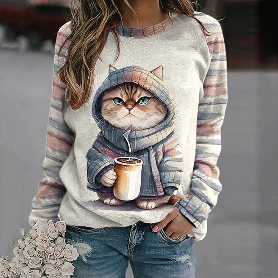 T-shirts à manches longues en coton pour femmes drôles kawaii animaux de chat imprimer des sweats swishirts féminins
