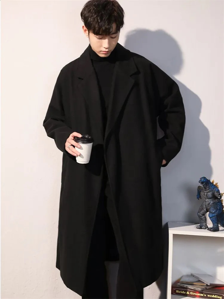 Spring and Autumn Woolen Coat Mens Clothing Solid Color Medium Long Trench Coat Lapel Strap Pocket Loose Top A019 241019