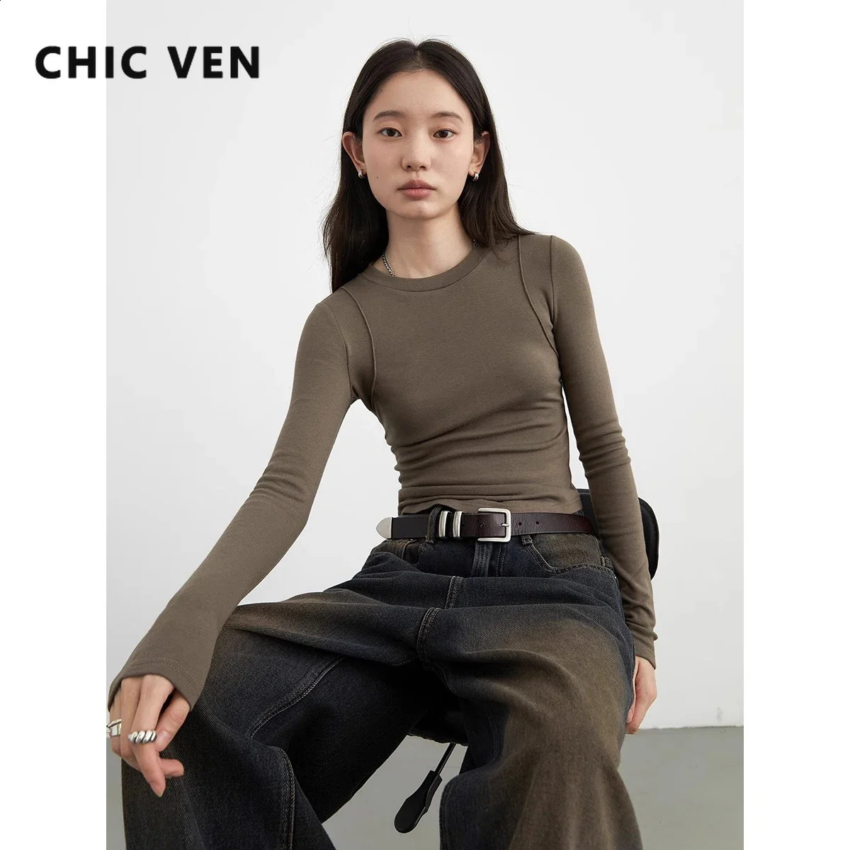 CHIC VEN Women T-Shirts Solid Basic Heating Cashmere Round Neck Woman Tees Slim Fit Female Tops Spring Autumn 241019