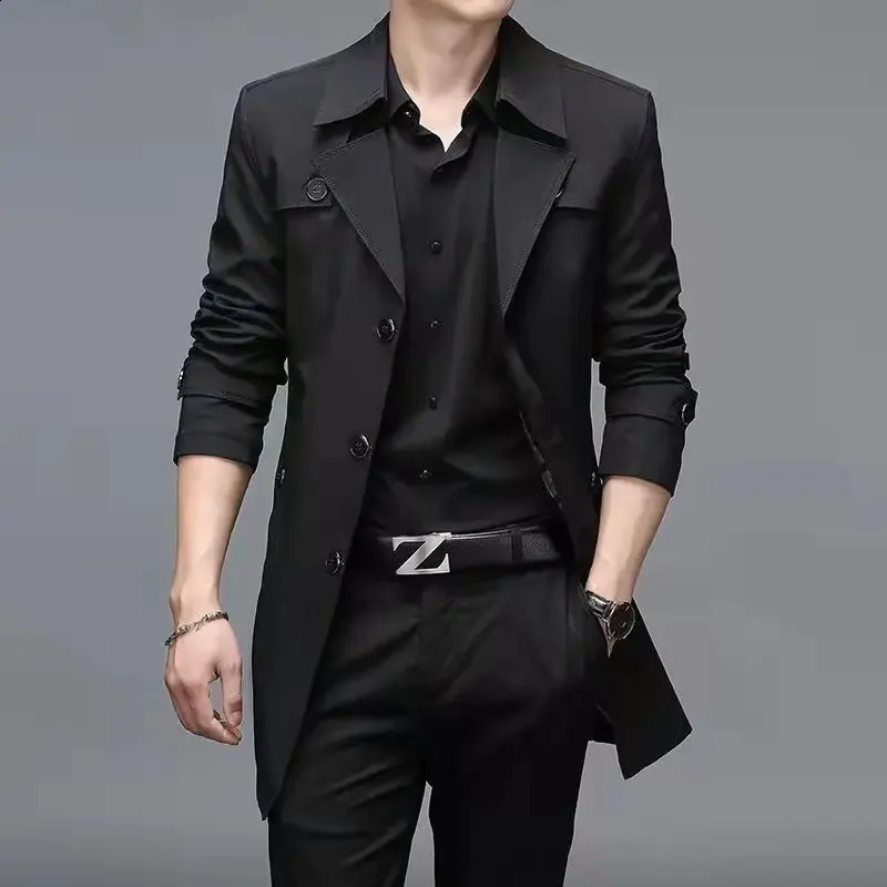 Fashion Mens woolen Coats Solid Color Single Breasted Lapel Long Coat Jacket Casual Overcoat Casual Trench Spring and Autumn 241019
