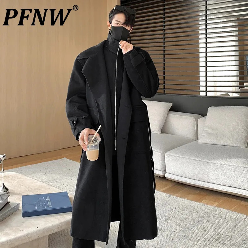 PFNW Trendy Mens Woolen Coat Casual false Two-piece Belt Cotton Thickening Long Solid Color Male Autumn Windbreaker 12C970 241019