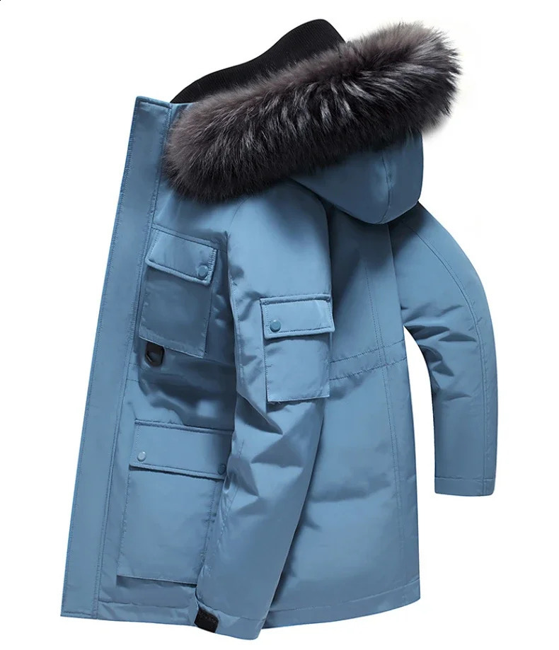 Winter skiing jacket mens long casual thick fur collar white duck down jacket Parka high-end work mens waterproof hooded jacket 241019