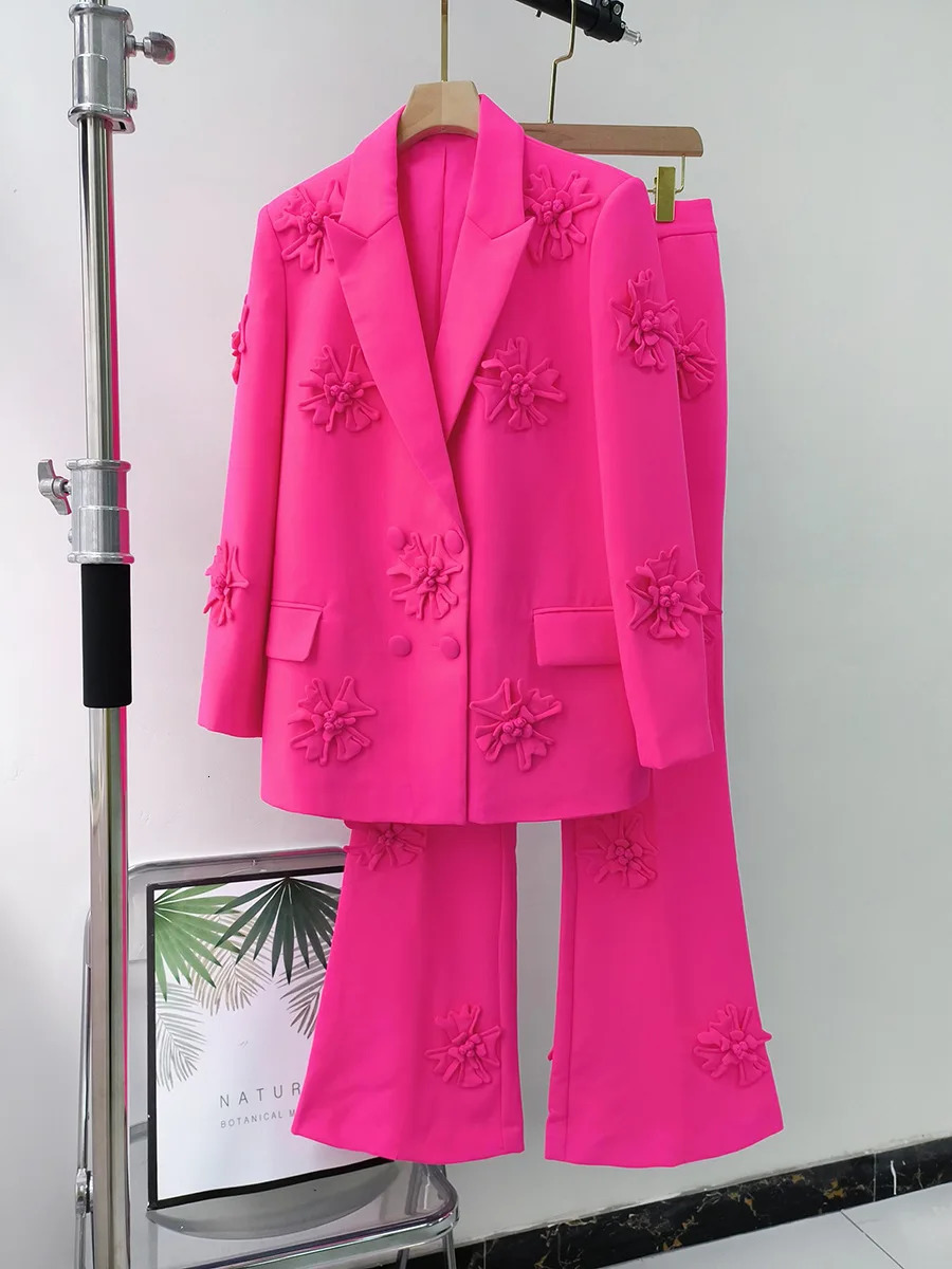 HighEnd Womens Set Summer 2024 Long Sleeve Blazer with Elegant Flared Pants and solid Floral patchwork TwoPiece 241007Z