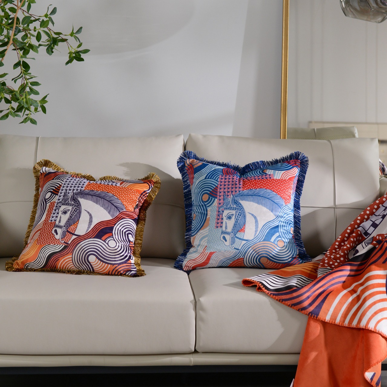 Designer Throw European design velvet double printed fringe throw sofa cushion Office waist cushion M260325-image-1098983659