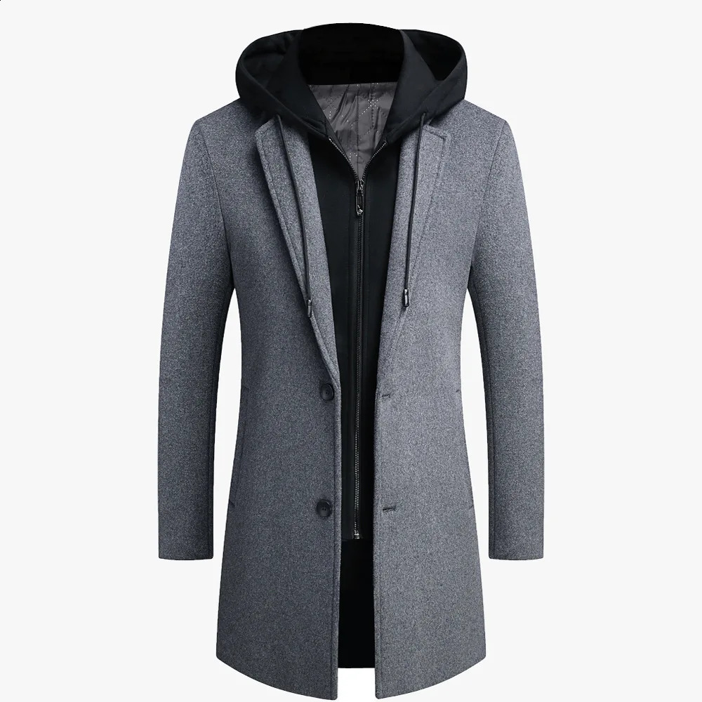 Winter Mens Wool Coat High-quality Fashion Casual Cashmere Jacket Male Thicken Warm Leave Two Pieces of Grey Hooded Trench 241019