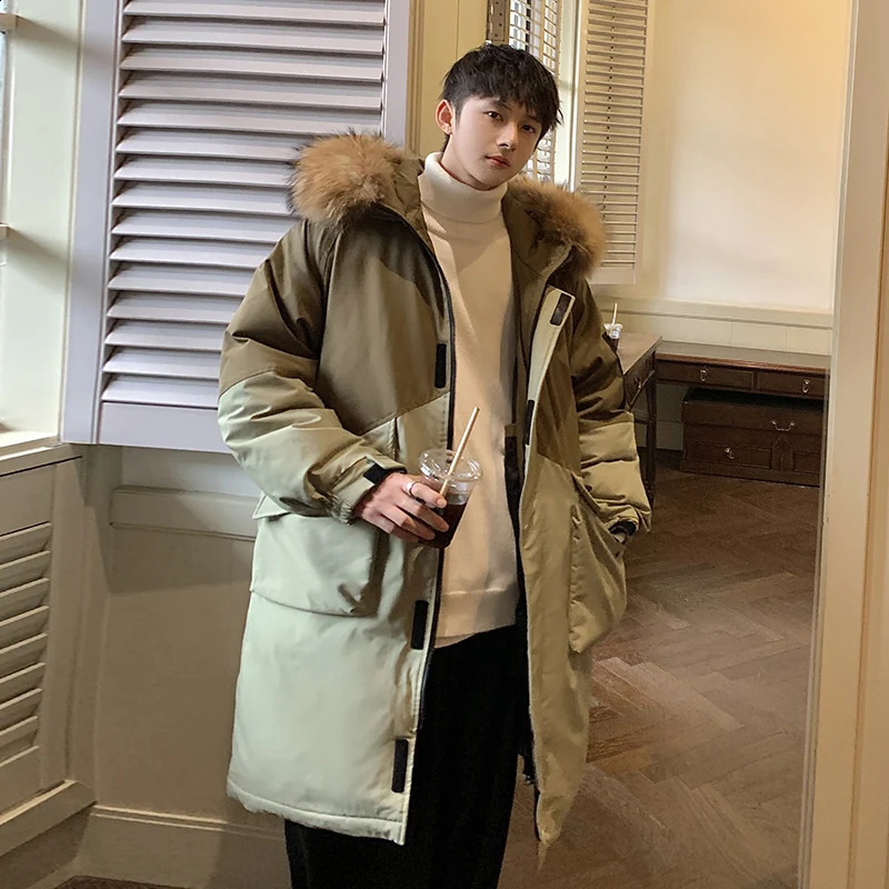 High quality winter mens long warm hooded white duck down jacket jacket casual loose thick cushioned jacket windproof Parkas 241019
