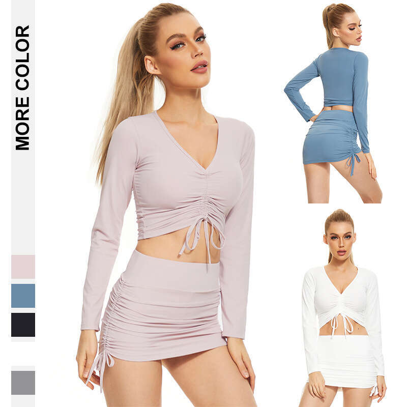 Traw-cordon sexy pour femmes exposée nombril à manches longues en V T-shirt Sac de sport décontracté croix à jupe courte pour femmes