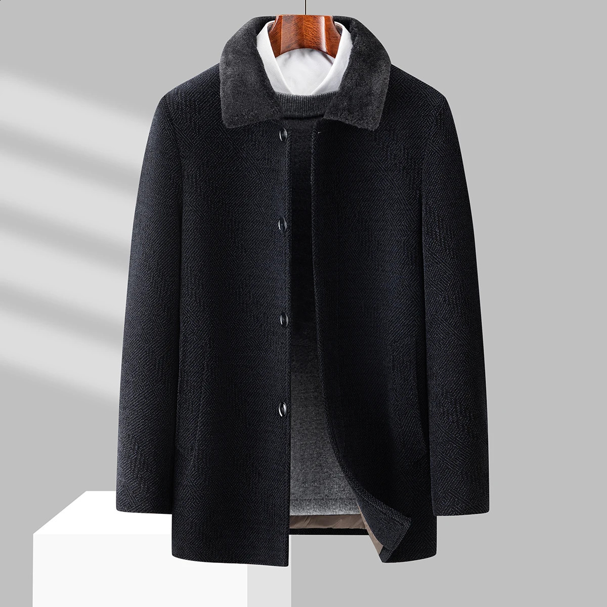 Autumn/Winter Mens Chenille Woolen Coat with Cotton Thickened Warm Collar Casual Fashion Dads Woolen Coat Top 241019