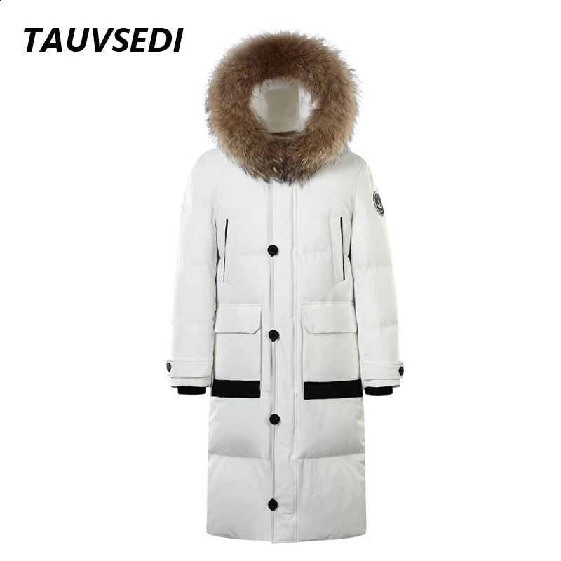 Mens high-quality long down jacket for winter warmth thick windproof casual inflatable mens waterproof hooded fur collar pad park 241019