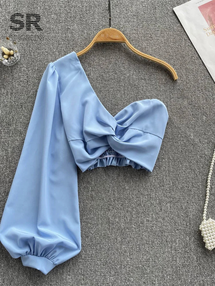 SINGREINY Skew Collar Sexy Blouse Elastic Waist Ruched Long Sleeve Slim Beach Tops Women Korean Style Solid Short Blouses 241019