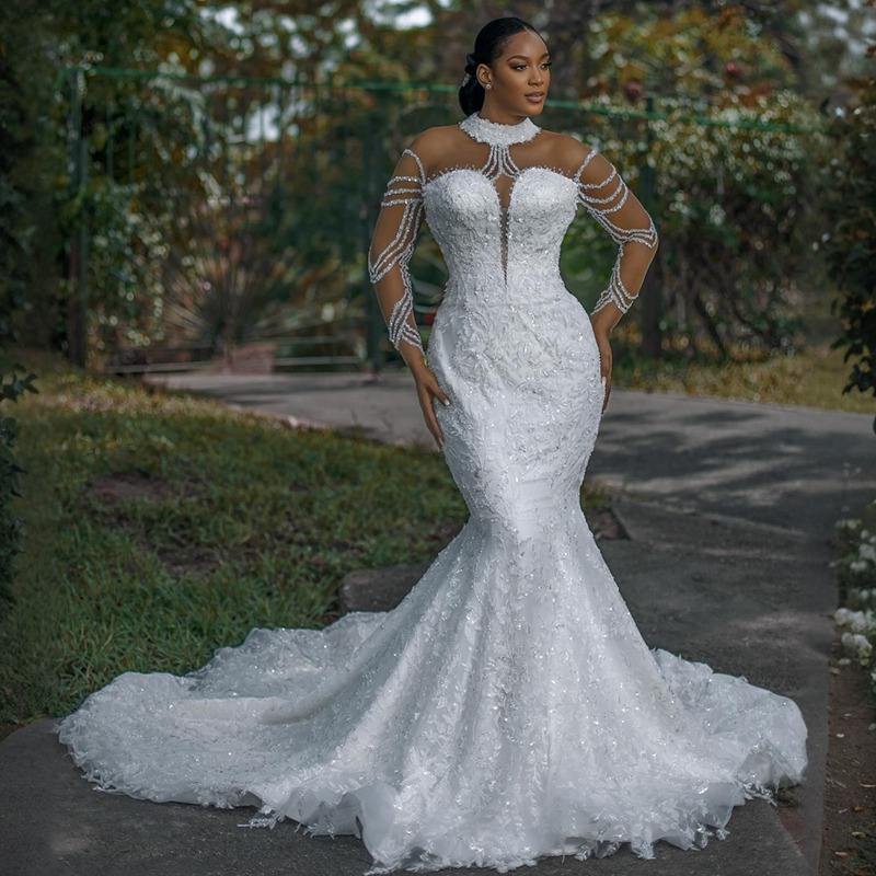 2024 Plus taille Aso Ebi Robe de mariée robes nuptiales pour la mariée High Neck Illusion à manches longues sirène en tulle
