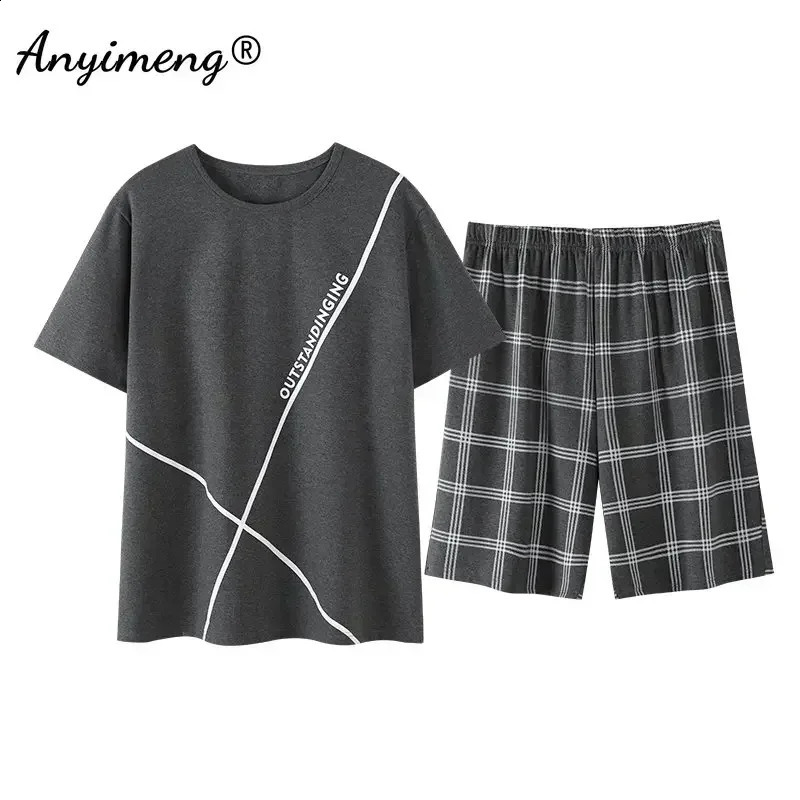 L4xl Elegant Mens Cotton Sleepwear Summer Shorts Fashion Short Sleeves Gabes pour l'homme Pyjamas masculin décontracté 2 pièces Set Pijama 241017