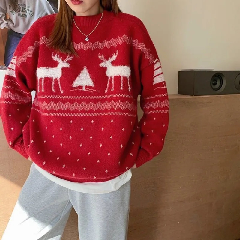 Christmas Red Deer Sweater Womens Autumn Winter Simple Loose Trend O-neck Knitted Top 241021