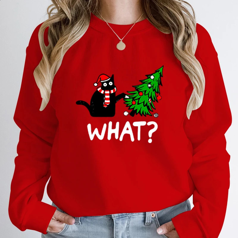Christmas noir chat arbre de Noël quel pull imprimé o collier top femme sommeil automne couleur de couleur solide 241021