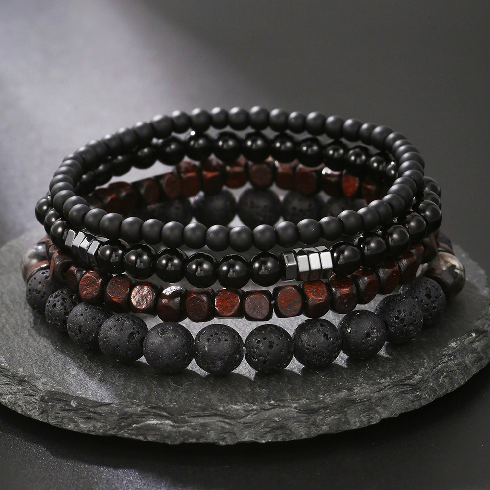 4pcs / set Black Ball Gall Volcanic Stone Wood Perles Bracelet élastique combinaison multicouche pour couple bijoux