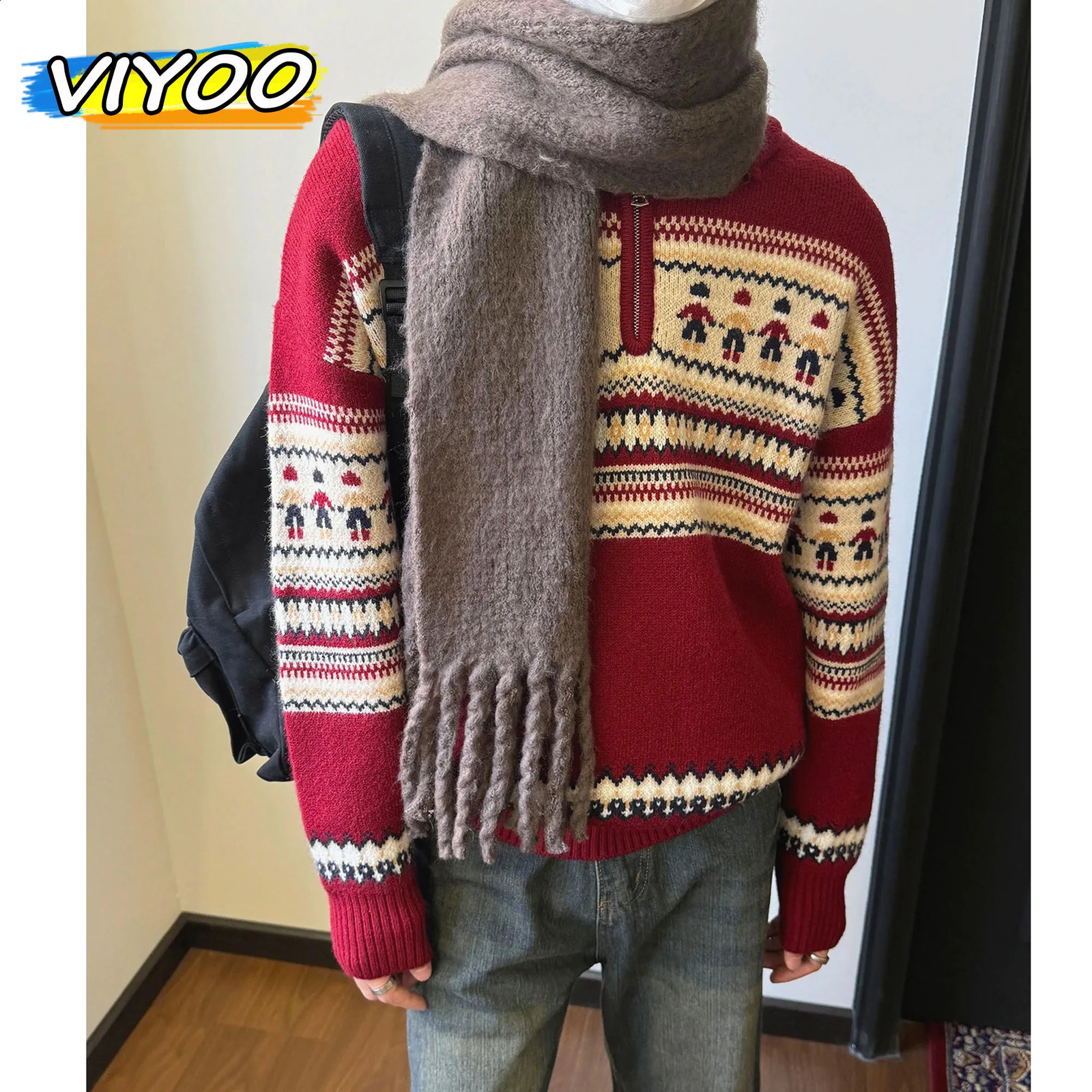 Japanese womens red brown zipper Christmas Y2K Knitwear Pullover sweatshirt striped turtle neck sweatshirt Korean style 241021